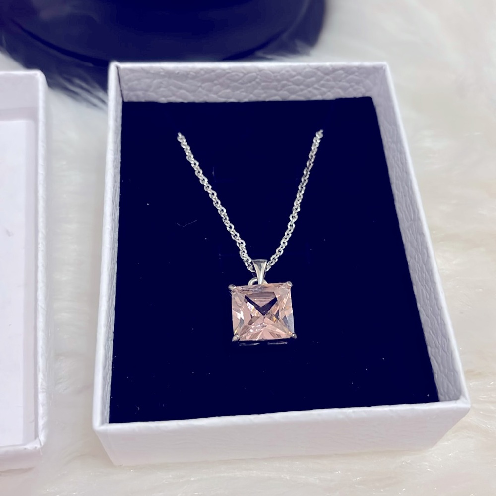 Pink Square Princess CZ Necklace Like New Excellent Cond